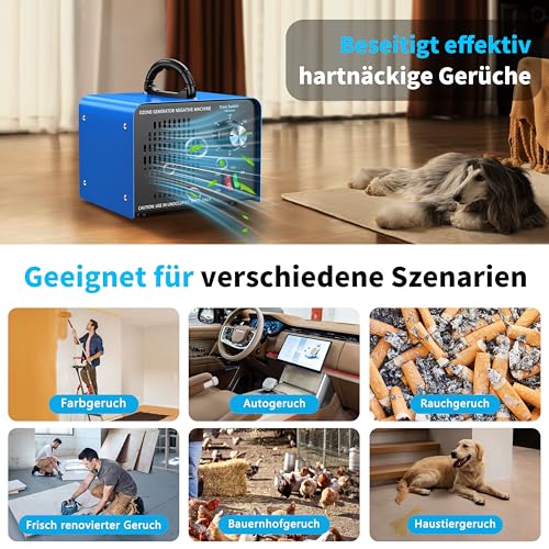 Ozone Generator 100,000 mg/h, Ozone Device with Negative Ions and 120 Minute Timer, Ozone Air Purifier for Odour Elimination for Car, Home, Pets, Smoke, Commercial/Industrial Use/Applicable 600 m² Blue