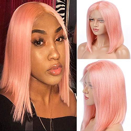 Pink Bob Wigs Straight Lace Front 130% Density Pre Plucked Virgin Human Hair 12inch Middle Part 13ร4 frontal Bleach Knot with Baby Hair Pink Color Wig for Women(Could be restyle)
