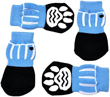 Posch Pet Socks for Small and Medium Breed Dogs. Anti-Slip Knit Socks with Traction Soles for Indoor Wear. Slip On Paw Protectors. Size XS, Blue Stripe