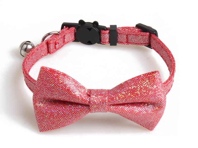 Luxury Cat Collars with Bow Tie and Bell | Safe Quick Release Breakaway Buckle | ZACAL Cat Collars (Red Sparkle Glitter.)