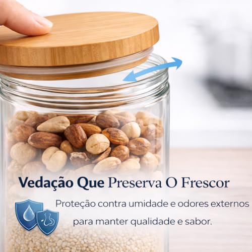 Potes Hermeticos de Vidro Kit 4 Peças Porta Mantimentos Tampa de Bambu Organizadores de Cozinha 300ml 700ml 1300ml 2200ml Armazenamento de Grãos Café Massas Açúcar Bancada Elegante