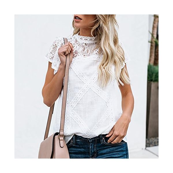 Camisetas Mujer SHOBDW Dia de la Mujer Verano Patchwork De Encaje Casual Ahuecar Volantes Manga Corta Suéter De Cuello… | DeHippies.com