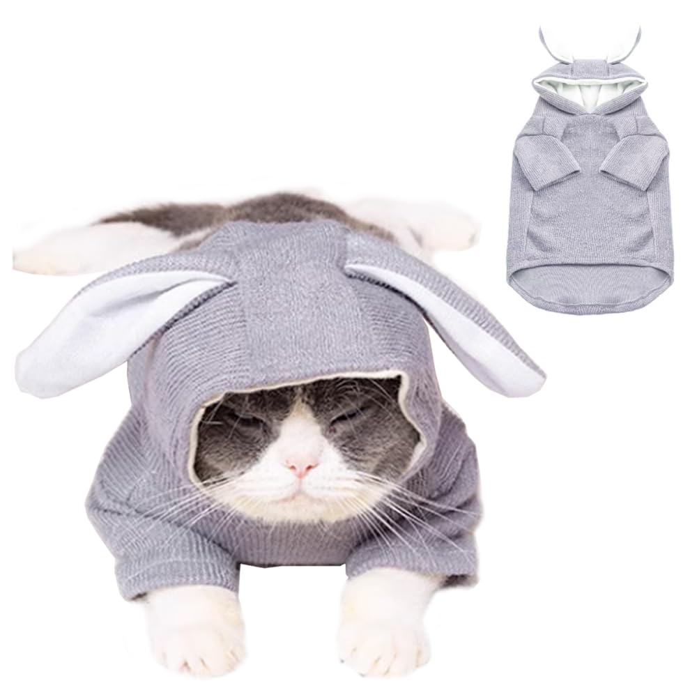 ANIAC Pet Hoodie Cat Rabbit Outfit with Bunny Ears Cute Sweatshirt Spring and Autumn Puppy Knitted Sweater Kitty Soft Knitwear (Small, Grey)