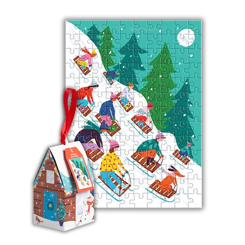 Galison Winter Sledding – 130 Piece House Shaped Puzzle Ornament Featuring Alpine Themed House and Winter Sledding Scene