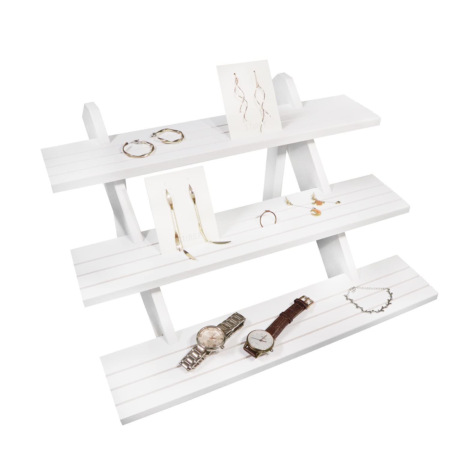 NAJMECHOY Retail Display Riser Earring & Ring Holder Brown Wood Stand Storage Shelf Rack Jewelry Rack Desktop Display Cup Rack Simple Frame White (3-Tier)