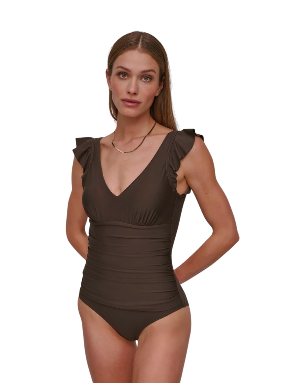 DKNY Women’s Ruffle Shoulder V-Neck One Piece Swimsuit with Tummy Control, Matte Bronze, X-Small