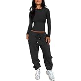 ANRABESS Womens 2 Piece Sweatsuits Long Sleeve Tight Shirt Tops Joggers Fleece Sweatpants Sets 2025 Fall Sweat Lounge Outfits