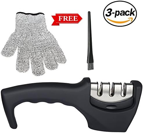Knife Sharpener Professional Kitchen Knife Sharpener 3 Stage Diamond Knife Sharpening Tool for Ceramic, Straight, Fruit, Pocket, Boning, Folding and Chef Knives (with Cut Resistant Glove)