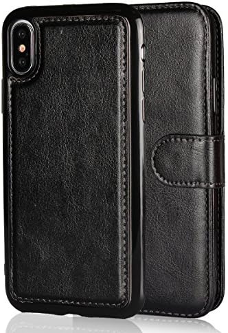 Iphone X Case Wallet Detachable Genuine Leather for Men Magnetic Black Cover Flip Card Holder Luxury Protective 5.8" (Black)