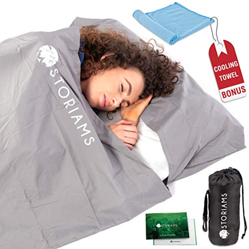 Storiams Sleeping Bag Liner Travel Sheet – Used as a Camping or Hotel Lightweight Sleeping Liner for Cold Weather has a Full Length Zipper with Lock Cooling Towel and Travel E-Book Included