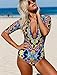 Sidefeel Women Abstract Print Zip Front Half Sleeve One Piece Swimsuit Large Multicolor