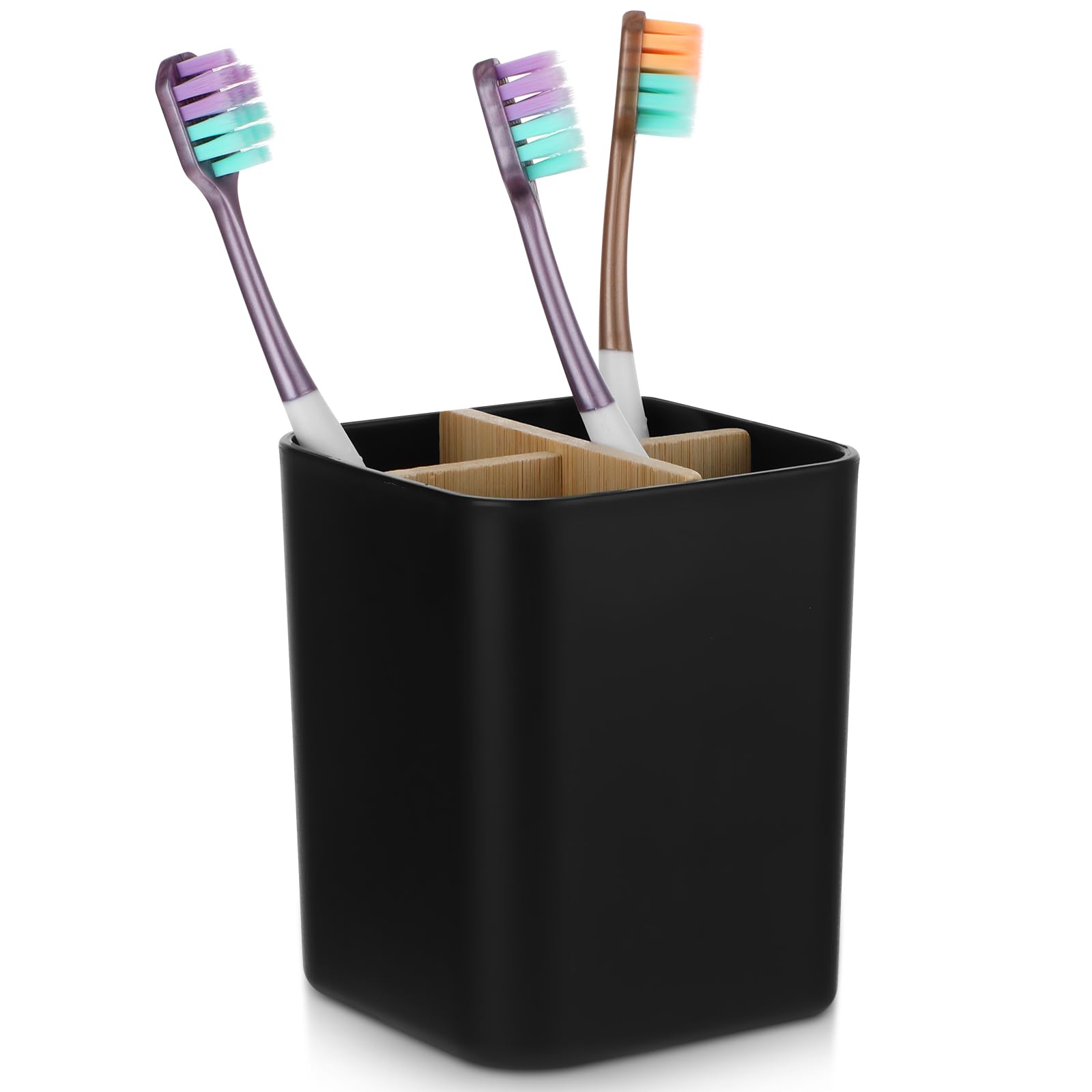 COMNICO Toothbrush Toothpaste Holder, 4 Slot Plastic Eco Friendly Anti-Slip Grips Tooth Brush Storage Box Drainage, Countertop Organizer for Bathroom Shower Kitchen Family, Black