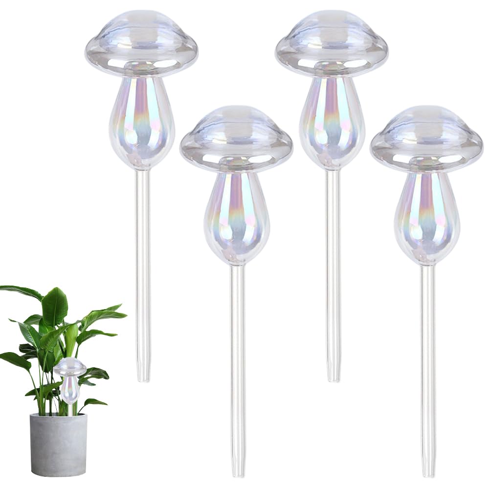 Dhqkqg Plant Watering Globes, 4 Pcs Rainbow Gradient Color Self Watering Globes, Glass Plant Watering Devices, Mushroom Automatic Plant Waterer, Self Watering System for Indoor Outdoor Plants