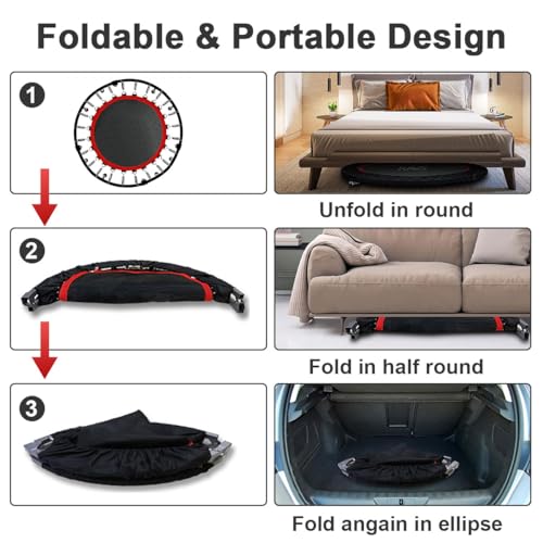 Fitness Trampoline Foldable Exercise Rebounder with 5 Level Adjustable Height Foam Handle, Jumping Fitness Silent Trampoline Safety Net Mini Workout Rebounder for Kids Adults Indoor Outdoor Load 180kg