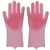 HOMCA Magic Silicone Gloves with Wash Scrubber, Magic Saksak Rubber Gloves Heat Resistant Reusable Silicone Gloves for Cleaning, Household, Dishwashing, Cooking, Kitchen (Large,1 Pair,Pink)