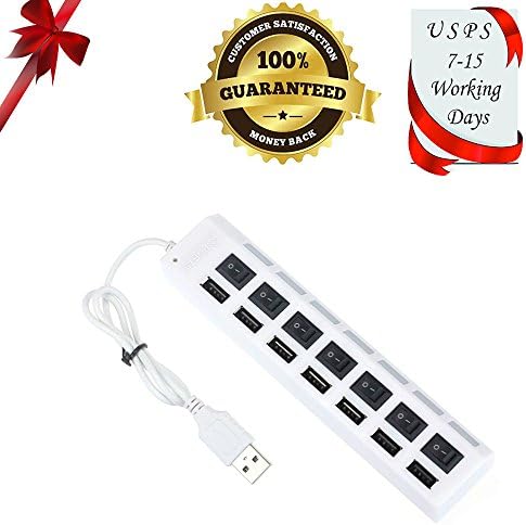 seelike 7 Ports High Speed USB 2.0 Hub Adapter with Individual Power Switches and LEDs for iMac MacBook Pro Air Mac Mini or any PC, USB Extender Hub Adapter for Samsung HP DELL Lenovo ASUS Laptop Desktop PC Computer [White]