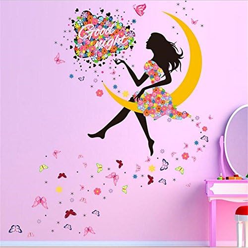 Amtoodopin Fairy Wall Stickers Moon Elf Girl Princess Wall Decals Butterfly Flowers Dancing Girls Angel Wings Wall Decor DIY for Windows Bedroom Living Room Decoration (Flower Fairy Moon)