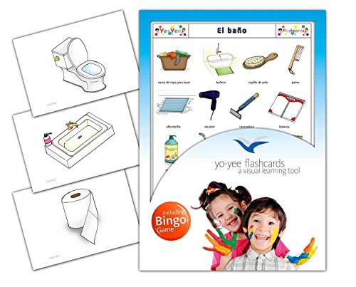 Bathroom Flash Cards in Spanish Language with Matching Bingo Game in One Set - Vocabulary Picture Cards for Toddlers, Kids, Children and Adults