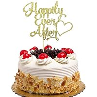 Happily Ever After Cake Topper for Wedding, Engagement, Bridal Shower Party Decorations Gold Glitter