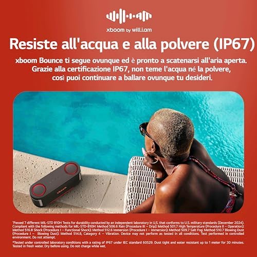 xboom Bounce,Speaker Bluetooth Portatile, Cassa Altoparlante Impermeabile e Antipolvere IP67, Fino a 30h di Autonomia,Compatibile con (Google, Siri, Alexa)