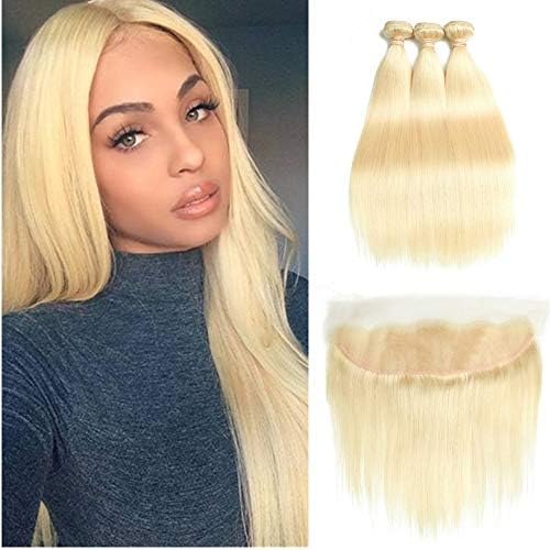 Fabeauty 613 Blonde Human Hair Bundles with Frontal Brazilian Straight with Frontal 100% Virgin Human Hair Weave with 13x4 Lace Frontal (12 12 14+10, 613 bundles with frontal)