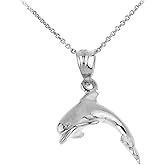 Sideways Crosses High Polish 925 Sterling Silver Jumping Dolphin Charm Pendant Necklace, 16"
