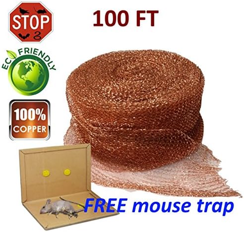 ALPHA QUALITY GOODS Copper Mesh For Pest Control, 1 Bonus Mouse Trap, Mouse, Rat, Rodent, Birds, Bat Control, Mesh Scrubber, Art Supplies, Multiple Usage,100FT,100% Copper (100 ft with mouse trap)