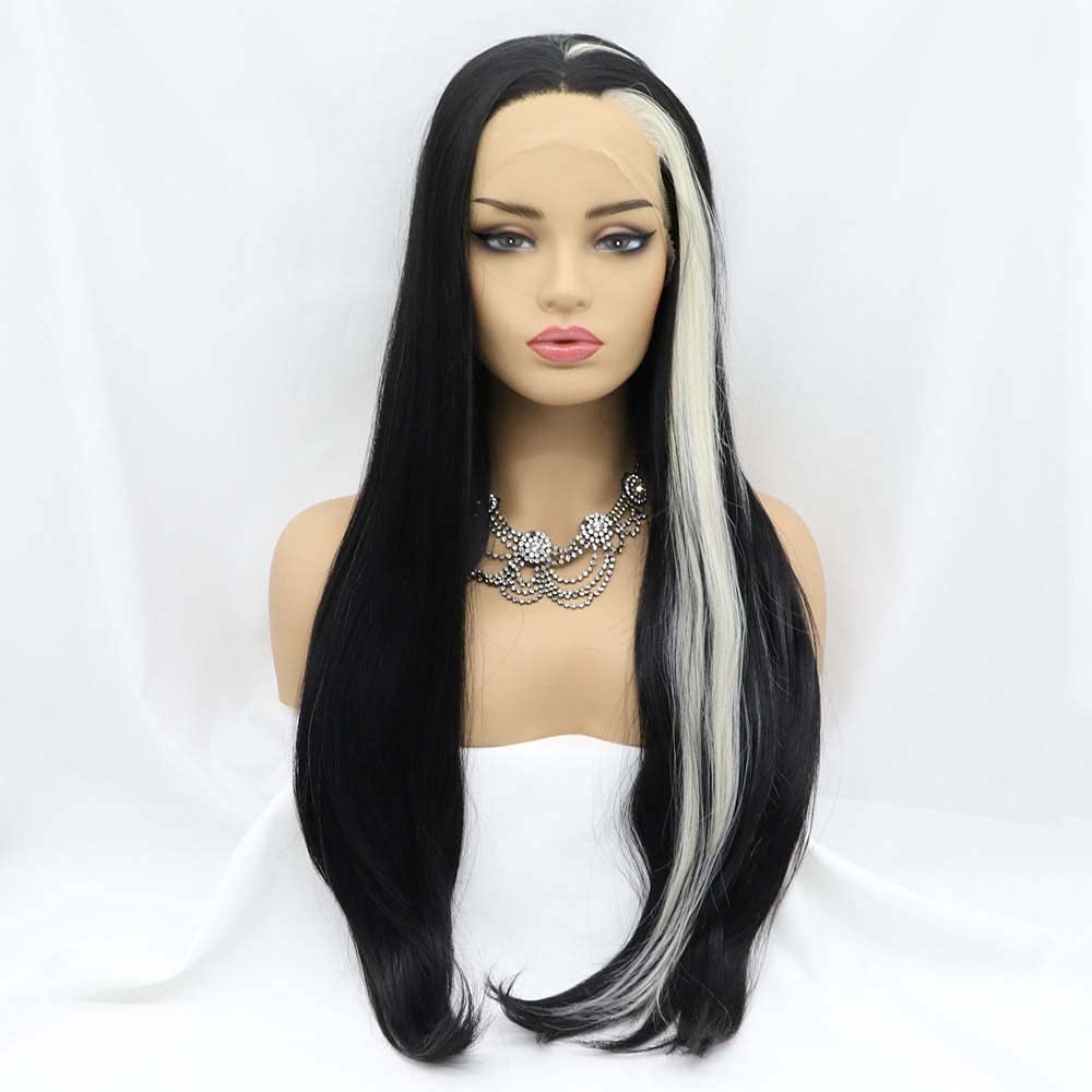 Xiweiya Wigs Natural Black Wig With Wisp White Hair Synthetic Black Lace Front Wig Heat Resistant Fiber Long Hair Wig Cosplay