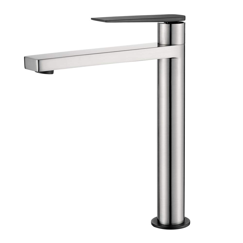 GRIFEMA LYON-G11101A High Spout (23CM) Eco Basin Mixer Tap for Bathroom or Hotel with Water-Saving Function Aerator, 3/8 Inch Hose, Nickel Brushed/Black