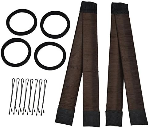 Hair Bun Shapers, 2 Pcs [Dark Brown] Modern Hair Styling Maker, Beauty Crown and Donut Hair Style Tools and [4 Pack Black] Elastics Hair Bands [8 Pack Black] Hair Clips by Mistyle.