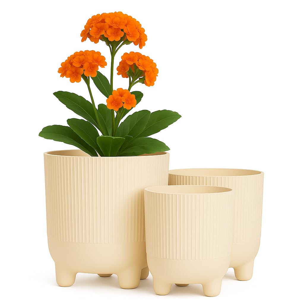 Home Garden Ornaments Trio Plant Pots Indoor – Set of 3 (14cm, 16cm, 18cm) Decorative Indoor Plant Pot on Stands, Flower Pots on Legs (Colour: Cream)