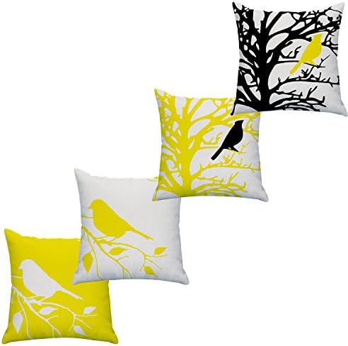 LAZAMYASA Square Cartoon Bird Printed Cushion Cover Cotton Throw Pillow Case Sham Slipover Pillowslip Pillowcase For Home Sofa Couch Chair Back Seat,4PCS,Yellow,22x22in