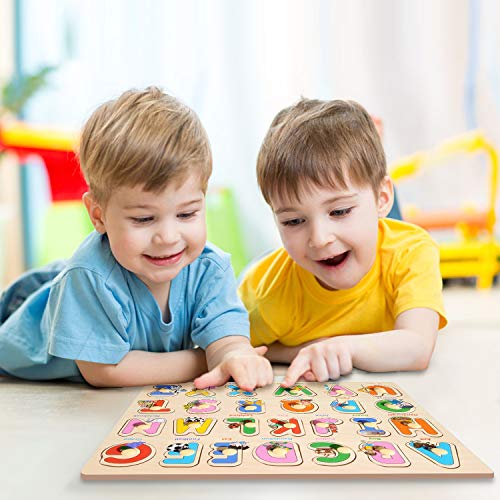 Wooden Peg Puzzles for Toddlers 2 3 4 Years Old,Toddler Puzzles Insect,Vehicles, Letters and Numbers,Educational Wood Preschool Toys for Boys and Girls,Knob Puzzles for Toddlers（4 Pack） - Thumbnail 6