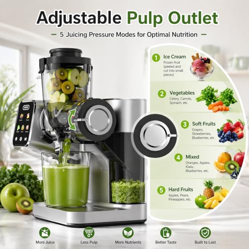 WETIE Exprimidor de prensa en frío, potentes máquinas exprimidoras con presión de jugo ajustable, 99% de alto rendimiento de jugo, exprimidor silencioso de masticaje lento con visualización táctil