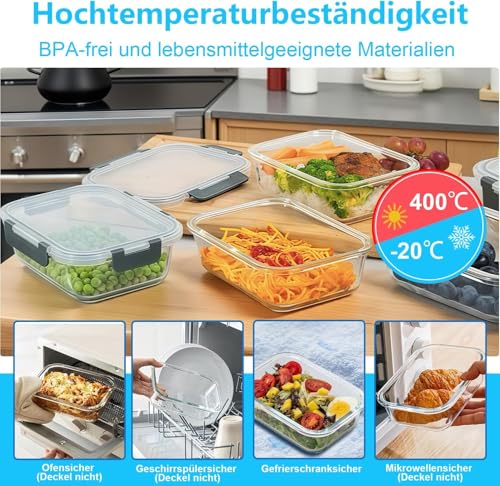 KUMD Glass Storage Jars with Lid, Set of 5 (10 Pieces) 1040 ml Borosilicate Glass Food Storage Containers for Microwave & Meal Prep - Rectangular Lunch Box, Oven-Safe, Leak-Proof