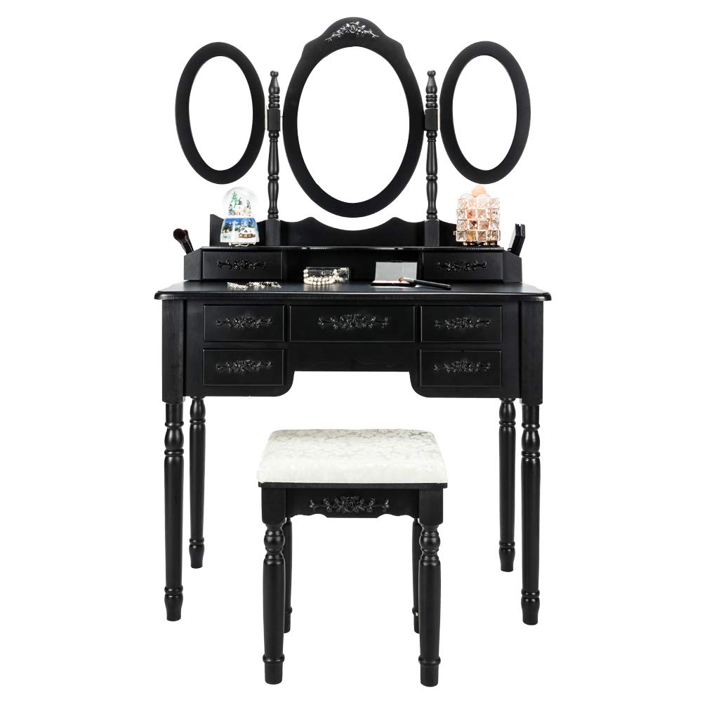 Bonnlo 7 Drawers Vanity Table Set for Girls Tri-Folding Mirrors Makeup Vanity Table with Cushioned Stool&2 Drawer Dividers&2 Makeup Brush Holders,Black