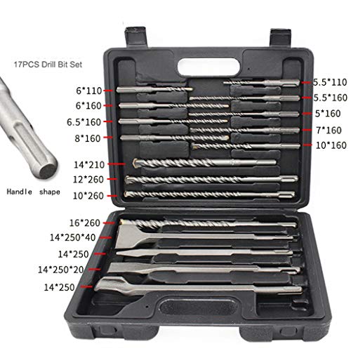 SDS Plus Drill Bits Tool - 17 Pcs Rotary Hammer Drill Bits Chisel Combination Set Used Drilling Of Common Stone, Concrete, Brick Wall And Other Materials, Fit For Bosch Hilti Plus (Silver)