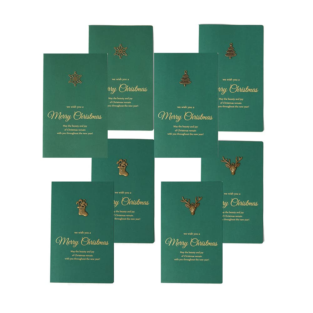 WYAN 8 Packs Christmas Cards Packs with Envelopes,Blank Vintage Bronzing Christmas Greeting Cards,4 different Festive Green designs(10.5 X17 cm)