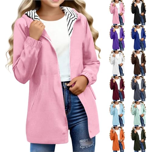 YCBMINGCAN Girls Raincoat Kids Waterproof Jacket | Long Lightweight Windbreaker Parka with Hood | Teen Zip Up School Rain Coat with Pockets Casual Autumn Outerwear for Youth 5-16