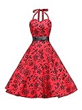 Red 40s 50s Halter Flock Black Tattoo Rockabilly Party Prom Dress