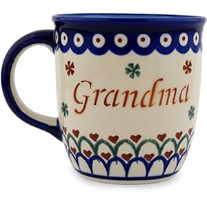 Polmedia Polish Pottery Babcia – Grandma Mug from Polish Pottery – Blue Eye with Flowers