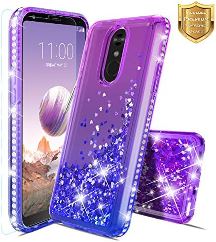 LG Stylo 4 Case, LG Stylo 4 Plus Case, w/Tempered Glass Screen Protector,Donse Glitter Liquid Quicksand Floating Shiny Sparkle Flowing Diamond Luxury Clear Cute Case for Girls Women,Purple/Blue