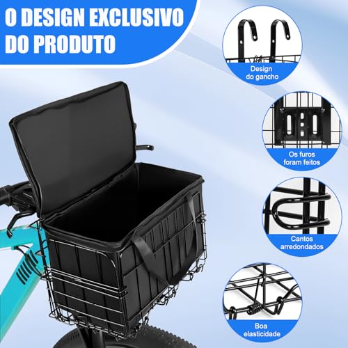 Cesta de Bicicleta Frontal Dobrável, Estrutura de Ferro, Tecido Oxford, Preta, Compatível com Bicicletas Adultas