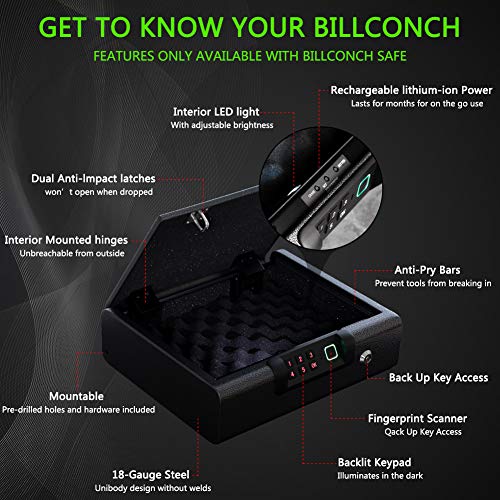 BILLCONCH Biometric Gun Safe, Smart Handgun Safe with APP Two Guns Capacity Pistol Safe with Auto-Open Lid and Rechargeable Battery (Biometric Safe) BILLCONCH Biometric Gun Safe, Smart Handgun Safe with APP Two Guns Capacity Pistol Safe with Auto-Open Lid and Rechargeable Battery (Biometric Safe)