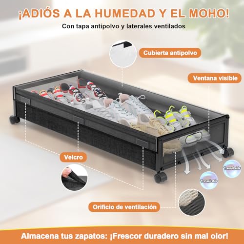 2Pcs Zapatera Bajo Cama con Ruedas, Caja de almacenamiento debajo de la cama con Asas Metálica y Tapa transparente, Organizador de Almacenamiento de Gran capacidad para guardar ropa、zapatos、edredones