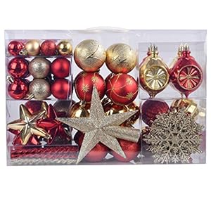 YILEEY Weihnachtskugeln Weihnachtsdeko Set Gold und Rot 108 STK in 19 Farben, Kunststoff Weihnachtsbaumkugeln Box mit…