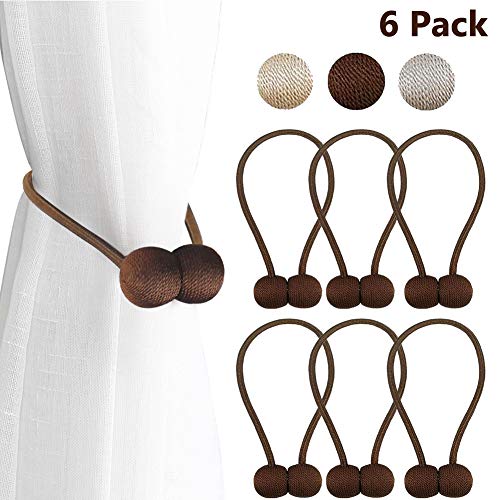 LED Bright Life 6 Pack Magnetic Curtain Tiebacks,The Most Convenient Woven Texture Rope Drape Tie Backs, Decorative Holdback Holder for Window Sheer Blackout Home Office,16 Inch (6 Pack-Chocolate)