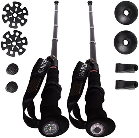 HARTMAN Carbon Fiber Trekking Poles. Adjustable Ultralight Folding All Terrain Walking Sticks w/ EVA Foam Handles, Built-in Thermometer &amp; Compass + Hand Strap w/ Insect Repellent. Bonus Accessories!