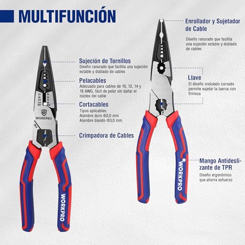 WORKPRO 7 in 1 Long Nose Pliers with Wire Stripper, Cutting Pliers and Wrench, Needle Nose Pliers for Wire 16-10 AWG (1.3-2.6mm), Multi-Tool Cr-V Electrician