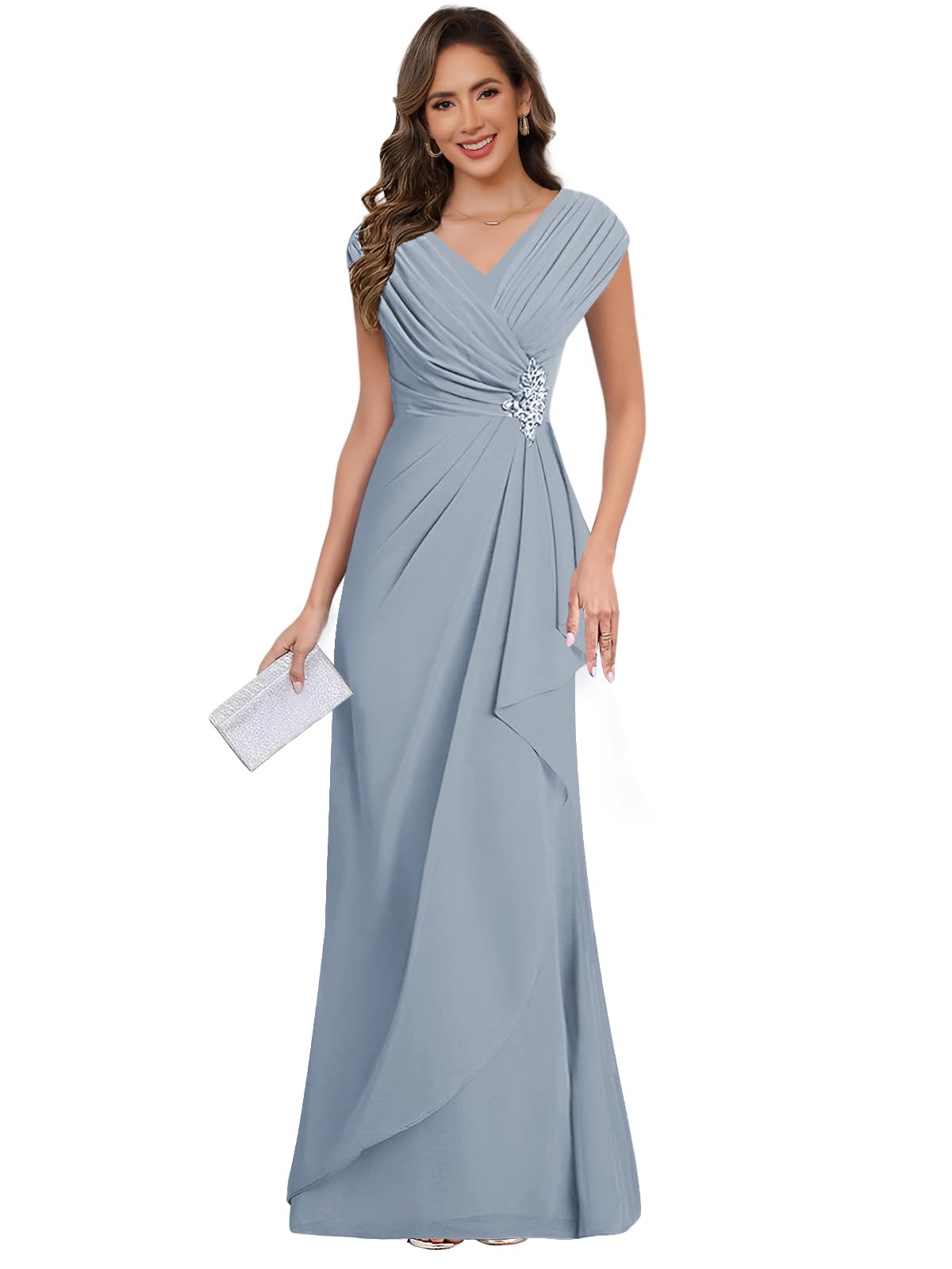 Photo 1 of ***USED AND DIRTY*** FUMY Dusty Blue Women's V Neck Pleated Cap Sleeves Wrap Mother of The Bride Dresses Pleated Chiffon A Line Wedding Guest Dresses for Women US12